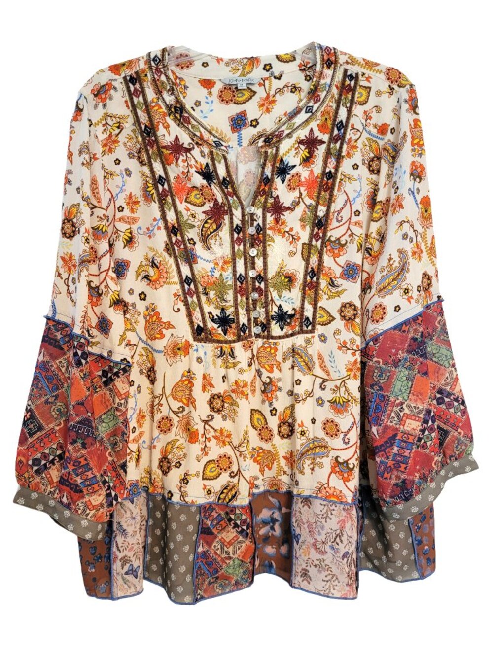 John Mark Floral Boho Mixed Media Top